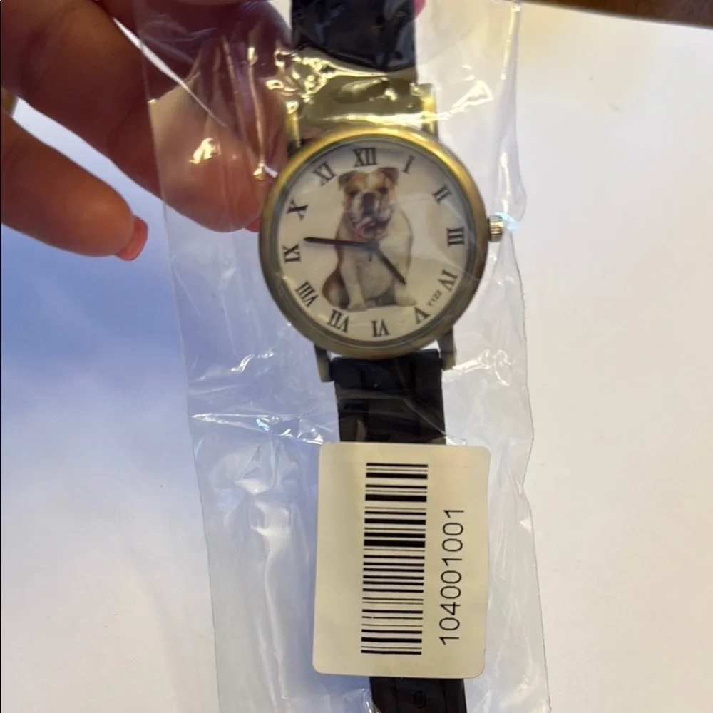 English Bulldog Face Watch, Black Runner Strap, adjustable, needs battery, NWT